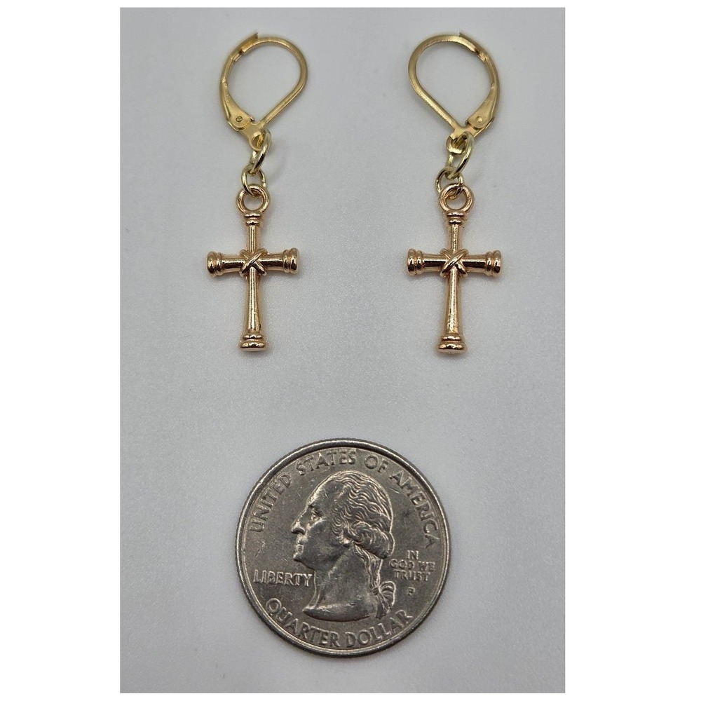Handmade Earrings Gold Toned Cross Leverback Hypoallergenic # - Picture 5 of 8